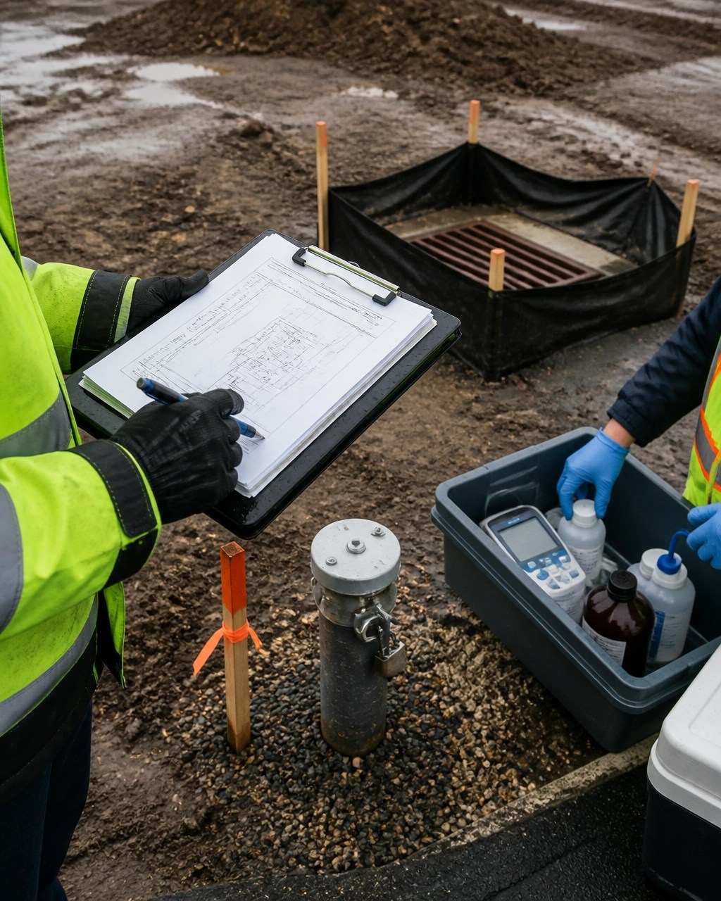 Field engineer checking permit package, monitoring well, and stormwater controls