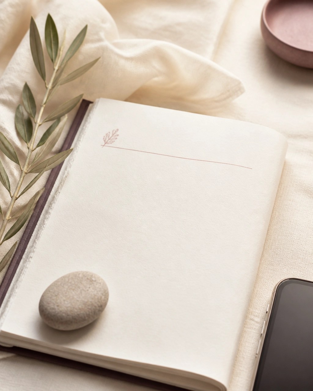 Prayer journal with a smooth stone, olive branch, and phone set aside, symbolizing discernment and quiet listening