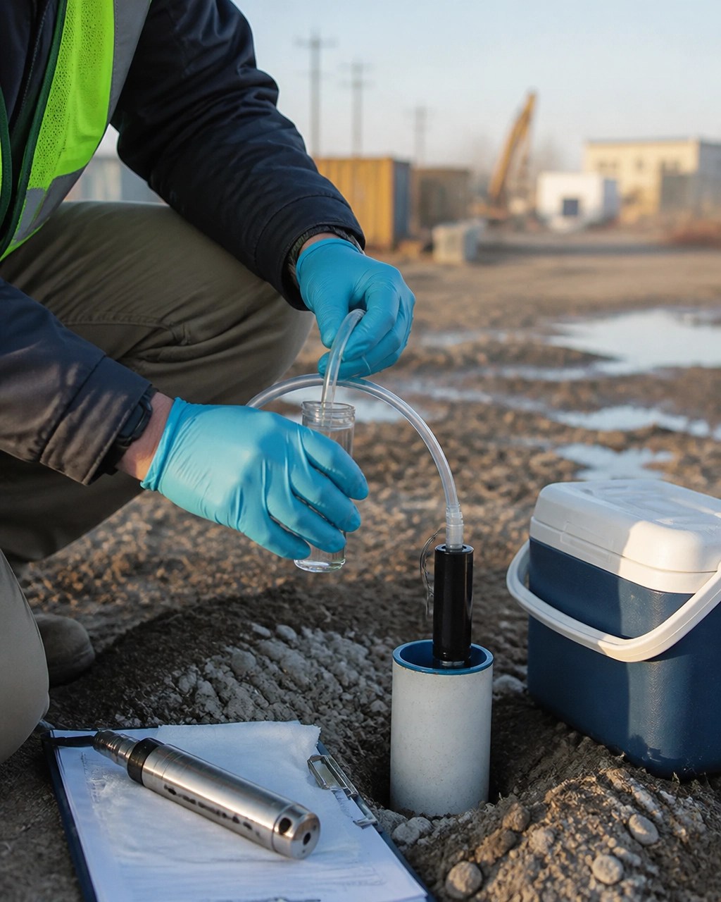 Environmental field engineer collecting a groundwater sample from a monitoring well for PFAS analysis