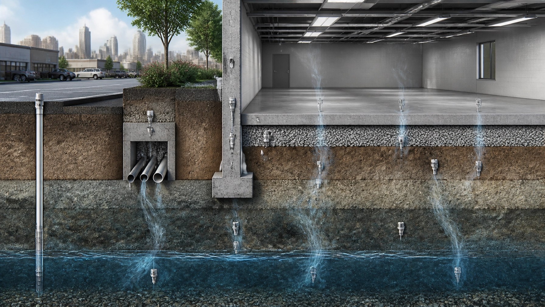 Technical cutaway illustration showing VOC movement from groundwater and soil vapor through a building slab and utility corridor