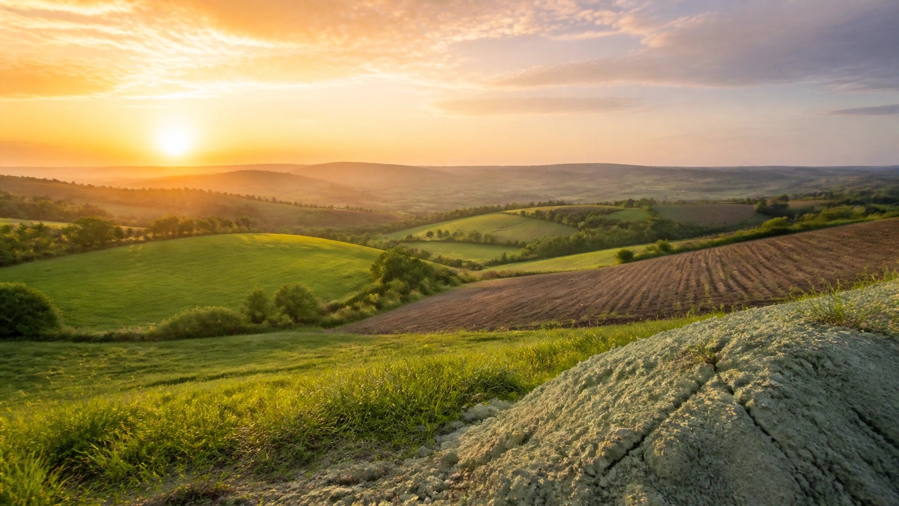 A serene shot of the French countryside, the natural source of premium French Green Clay.