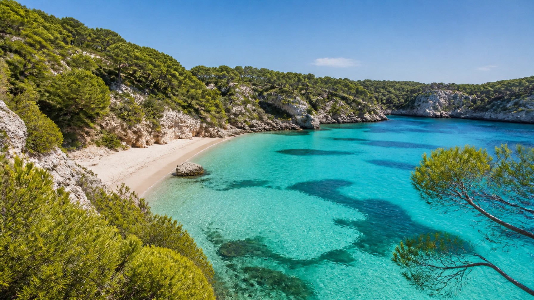 Secluded sandy cove in Menorca with turquoise water