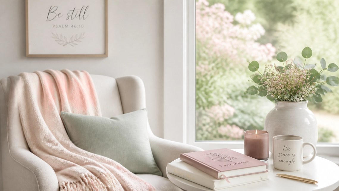A peaceful prayer corner with a cozy throw and a Bible, illustrating a life of intentional rest and growth.