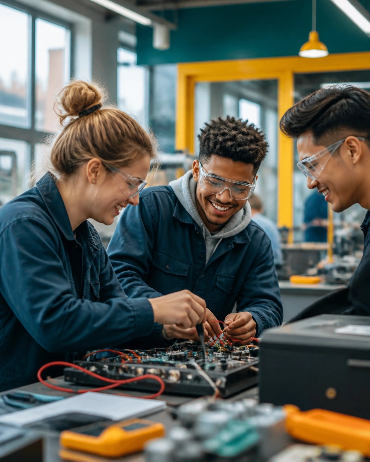 A diverse group of students working together in a modern vocational workshop with warm lighting