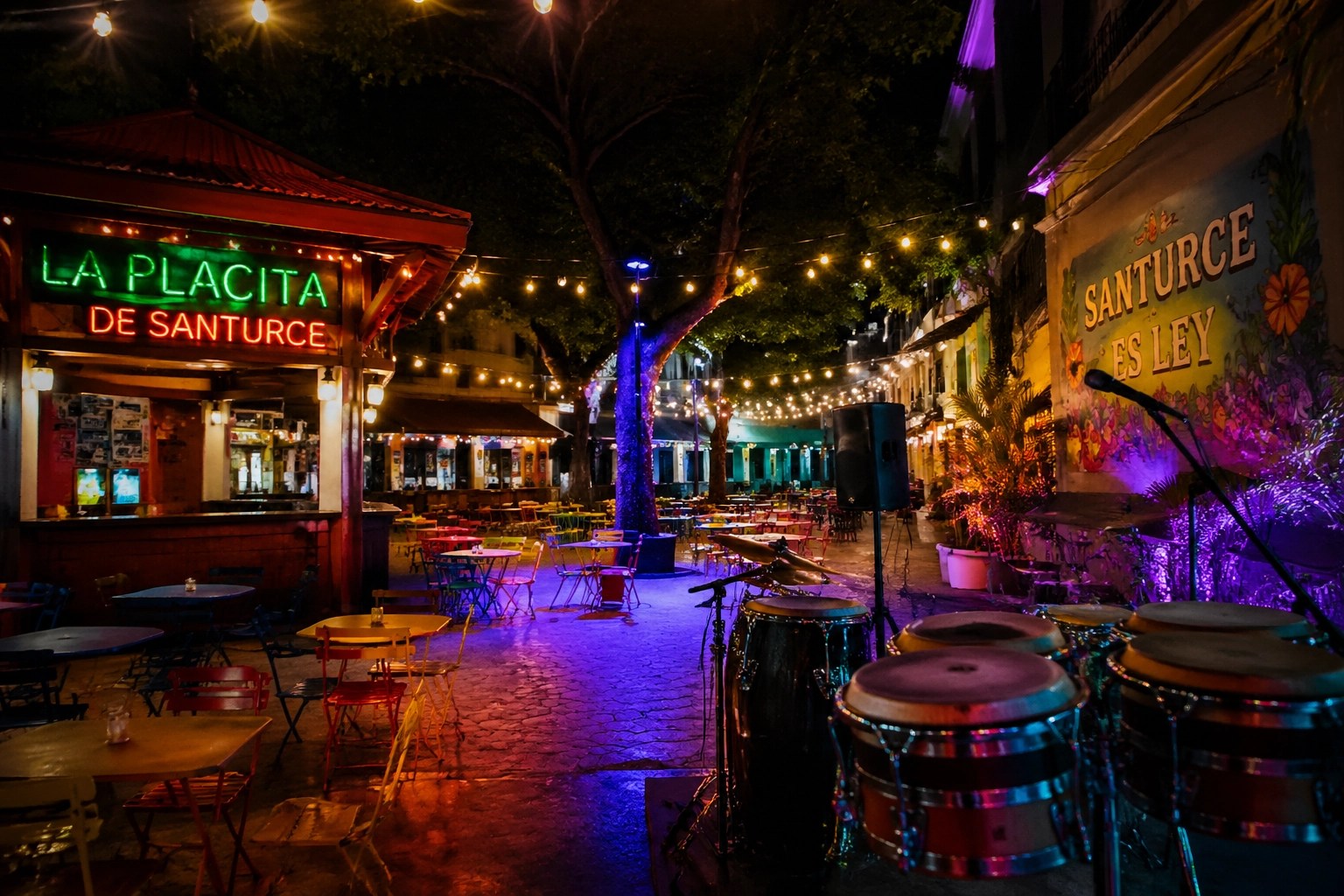 Colorful nightlife scene at La Placita de Santurce with festive lights and music-filled energy in San Juan, Puerto Rico.