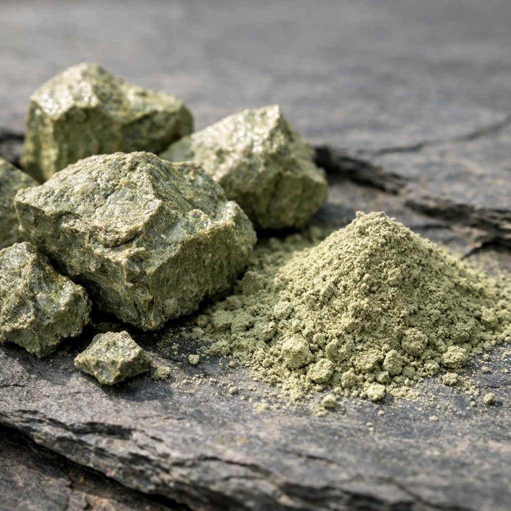 Raw French green illite clay powder and chunks showing natural mineral texture.