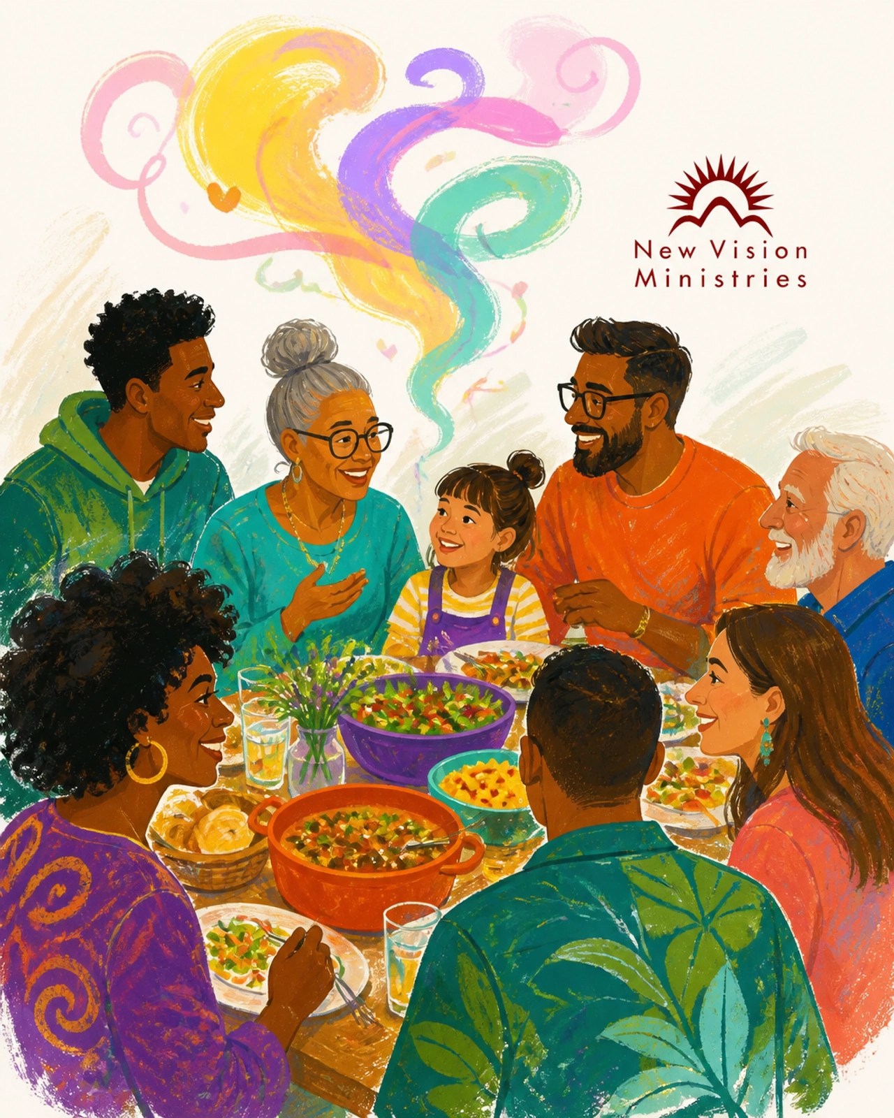 A whimsical hand-drawn illustration of believers at a fellowship table with colorful swirls of 'aroma' above them.