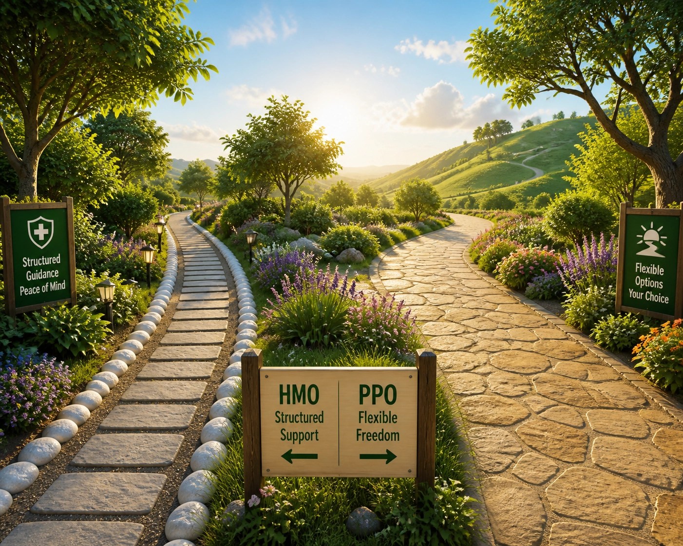 Two garden paths representing the choice between HMO and PPO Medicare Advantage plans for 2026 enrollment.