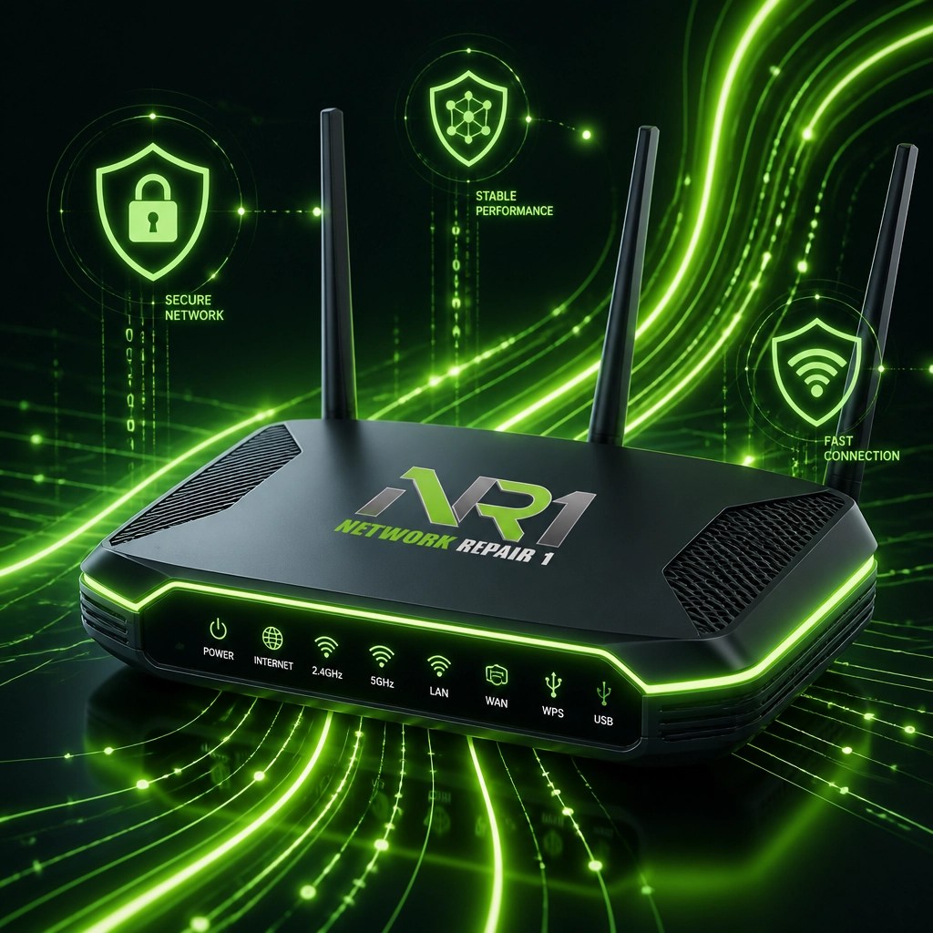 Futuristic networking router with glowing green data lines for secure connectivity