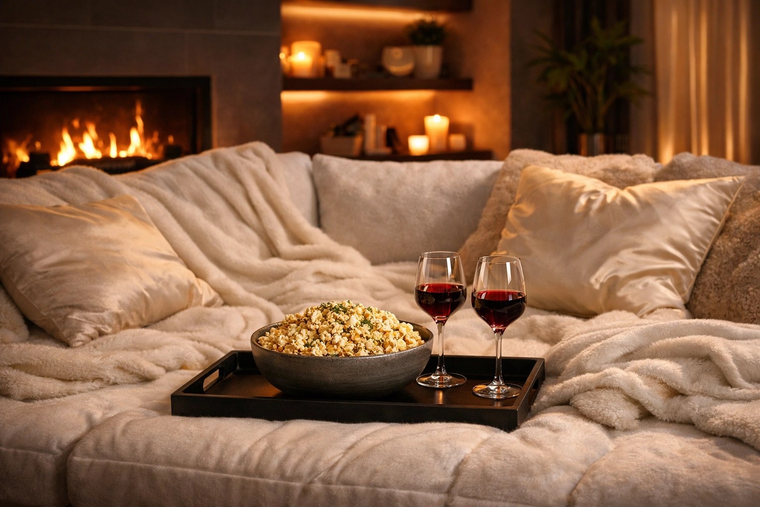Luxury living room set up for a cozy movie night with popcorn and wine for a romantic at-home date.