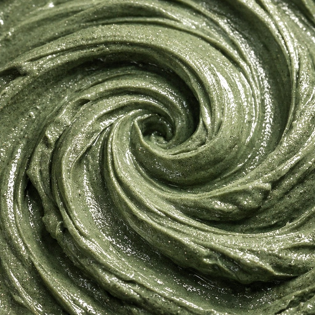 Close-up macro view of mineral-rich French green clay showing its smooth, detoxifying texture.