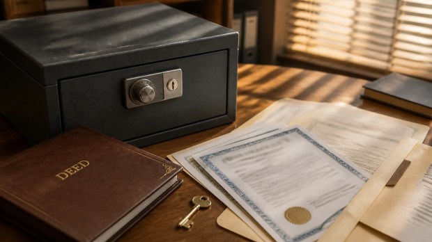Locked file box and deed folder representing property-record protection