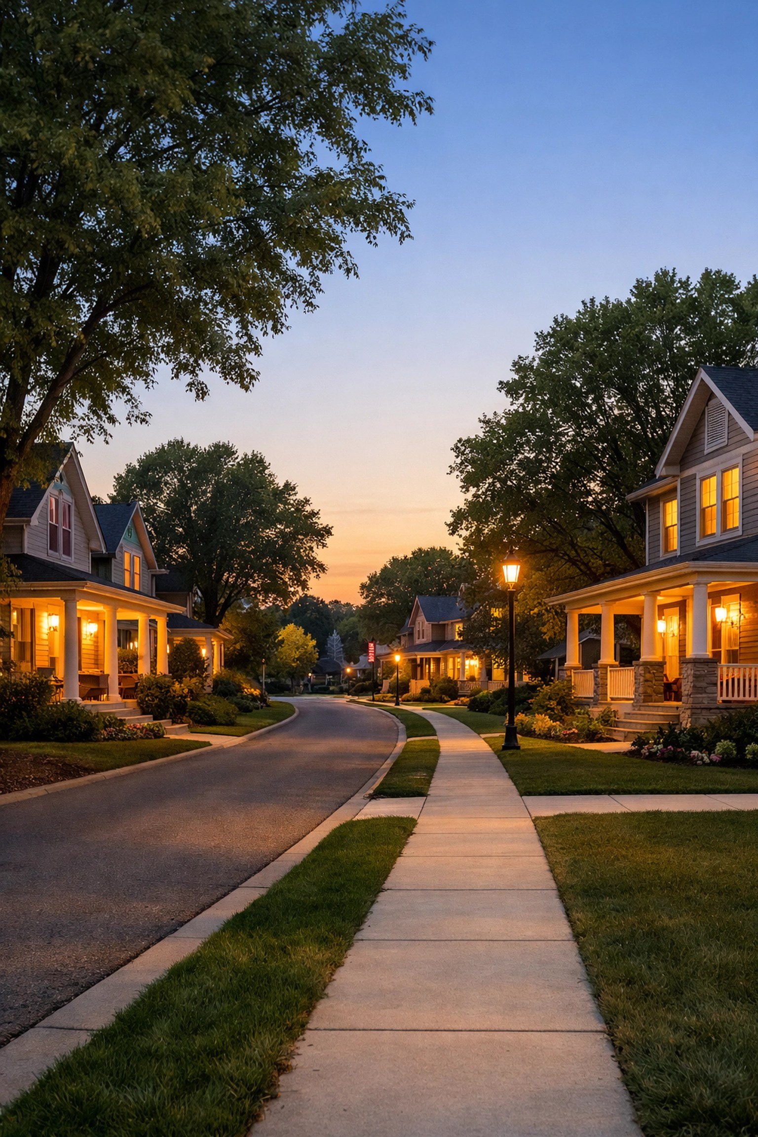 Peaceful Miamisburg residential street at dusk with glowing porch lights and mature trees.