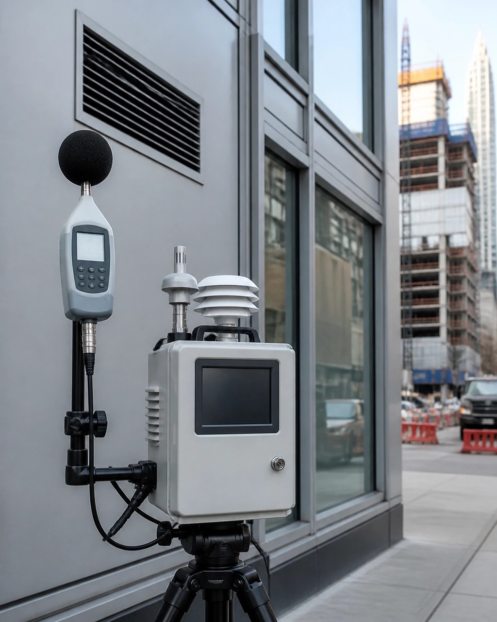 Air quality and acoustical monitoring equipment beside a NYC building facade