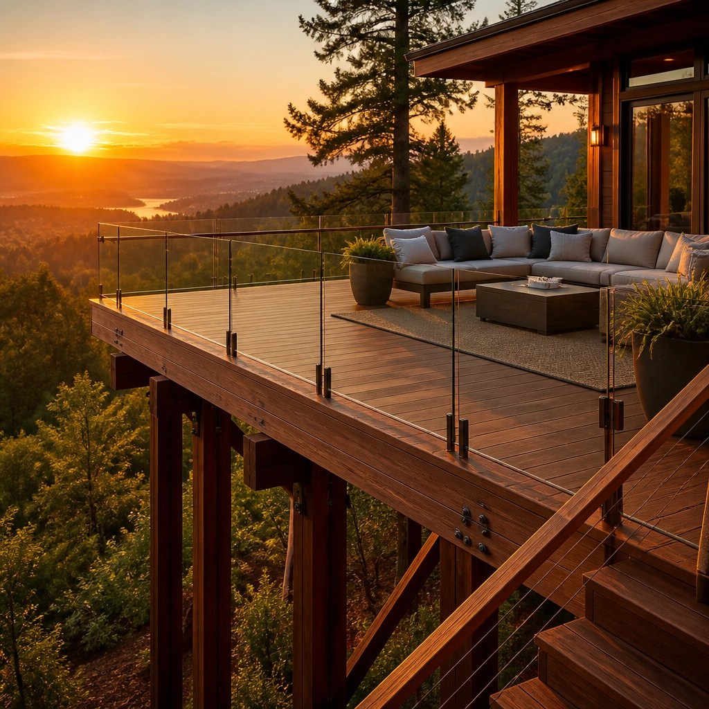 An elevated redwood deck with a glass railing preserving a scenic view.