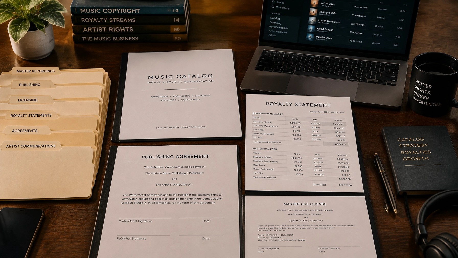 Organized music catalog infrastructure, royalty statements, and rights documentation arranged on a dark wooden desk