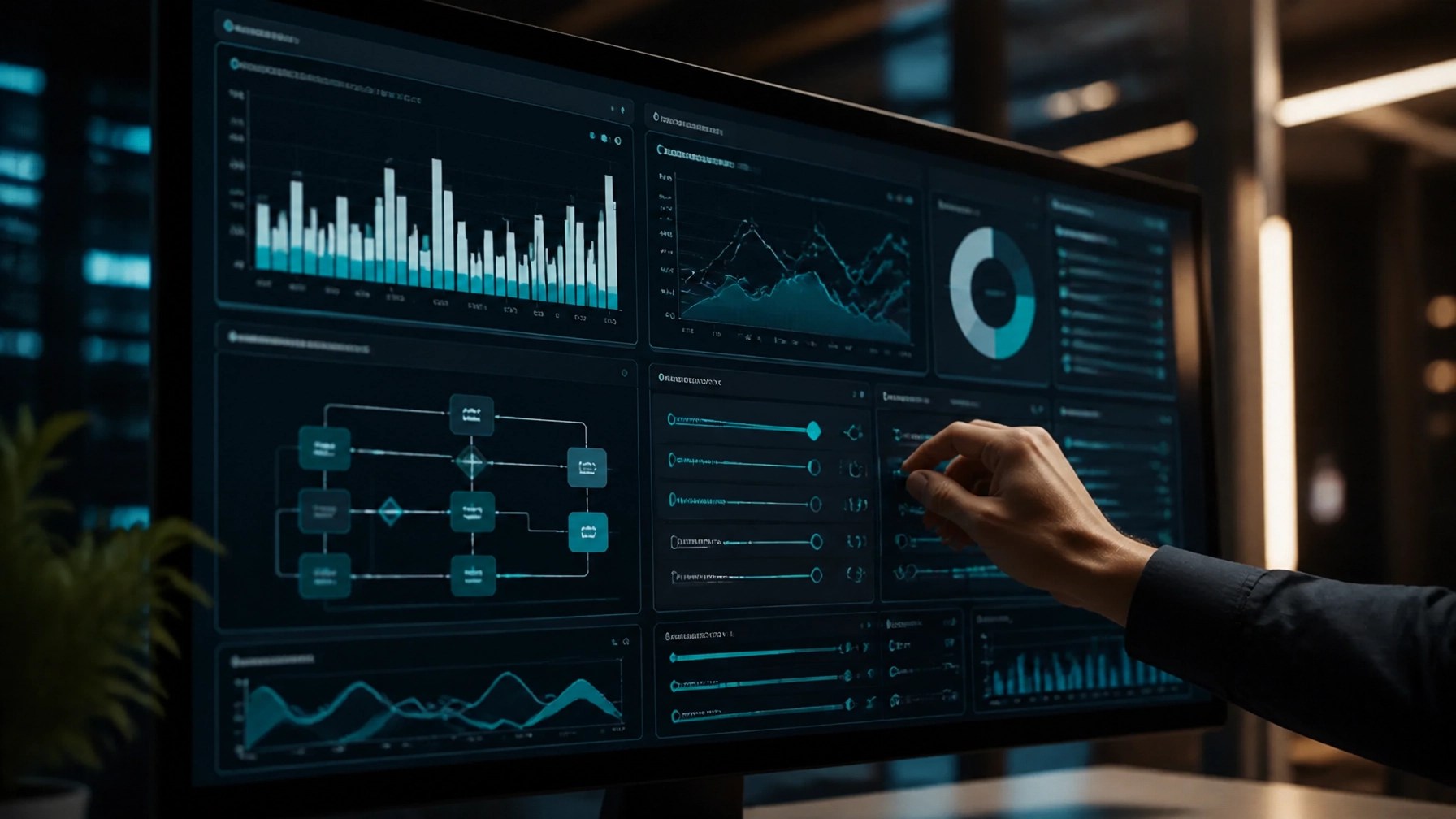 A data-dense automation dashboard showing workflow runs, approval time, exceptions and operational performance