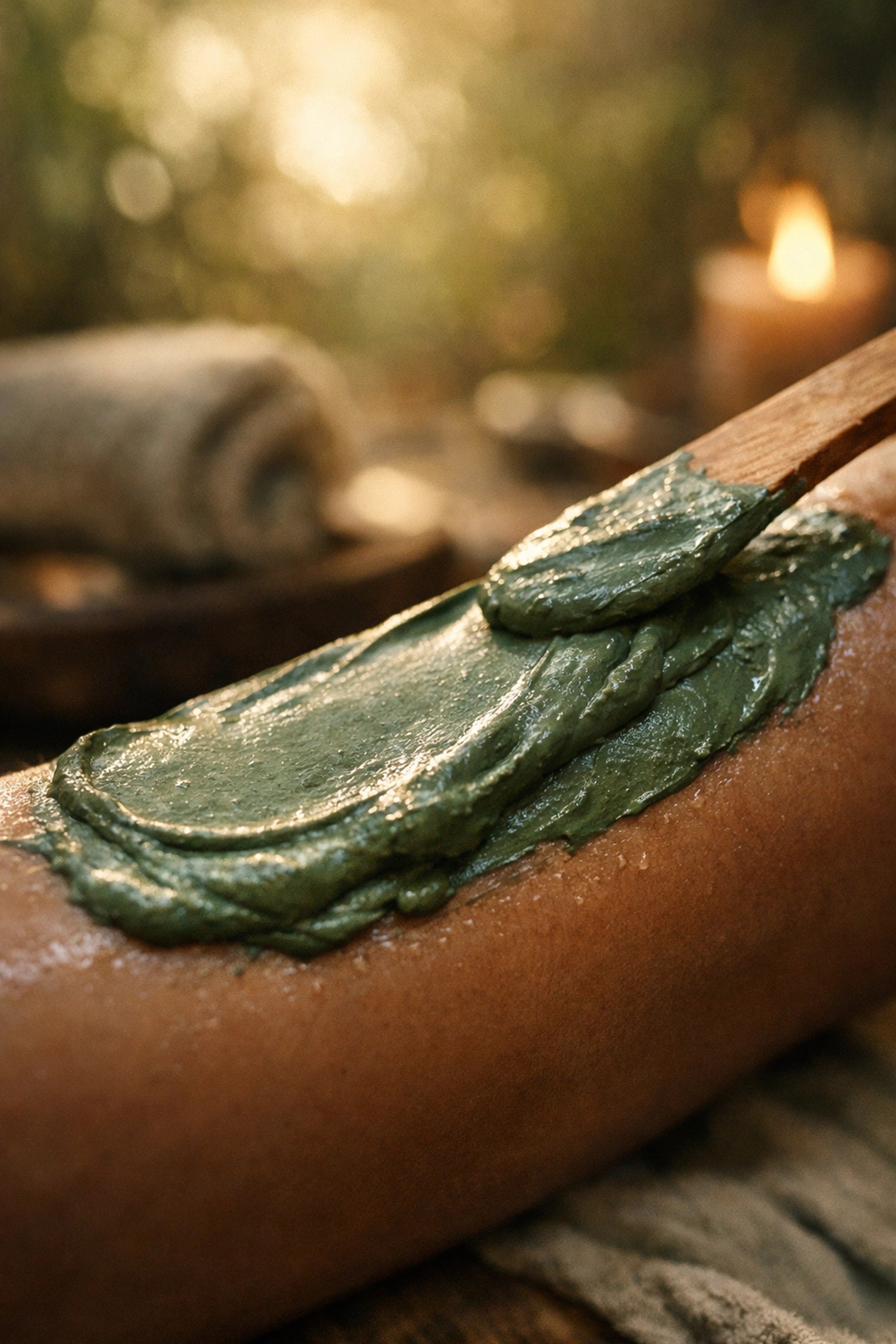Thick layer of Clayer heavy-metal-free green clay applied to skin for natural nerve recovery and pain relief.