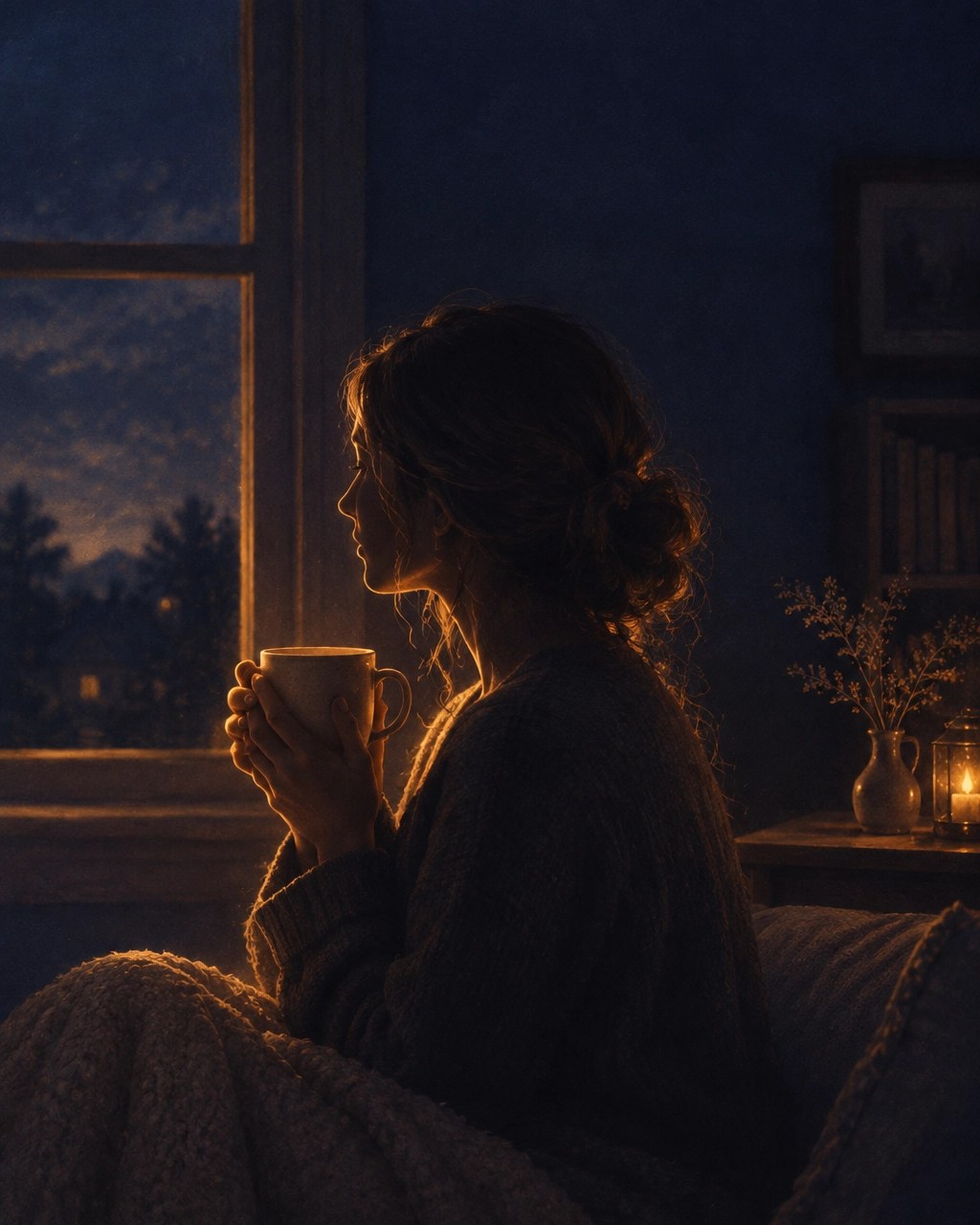 A woman holding a simple mug in both hands during a quiet moment beside a window