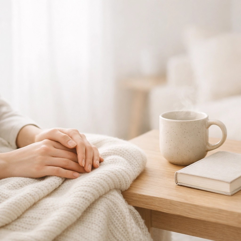 Stewardship of the Temple: Why Grace-Centered Self-Care is a Spiritual Necessity 7 A woman resting with a book and blanket, illustrating grace-centered self-care and spiritual Sabbath rest.