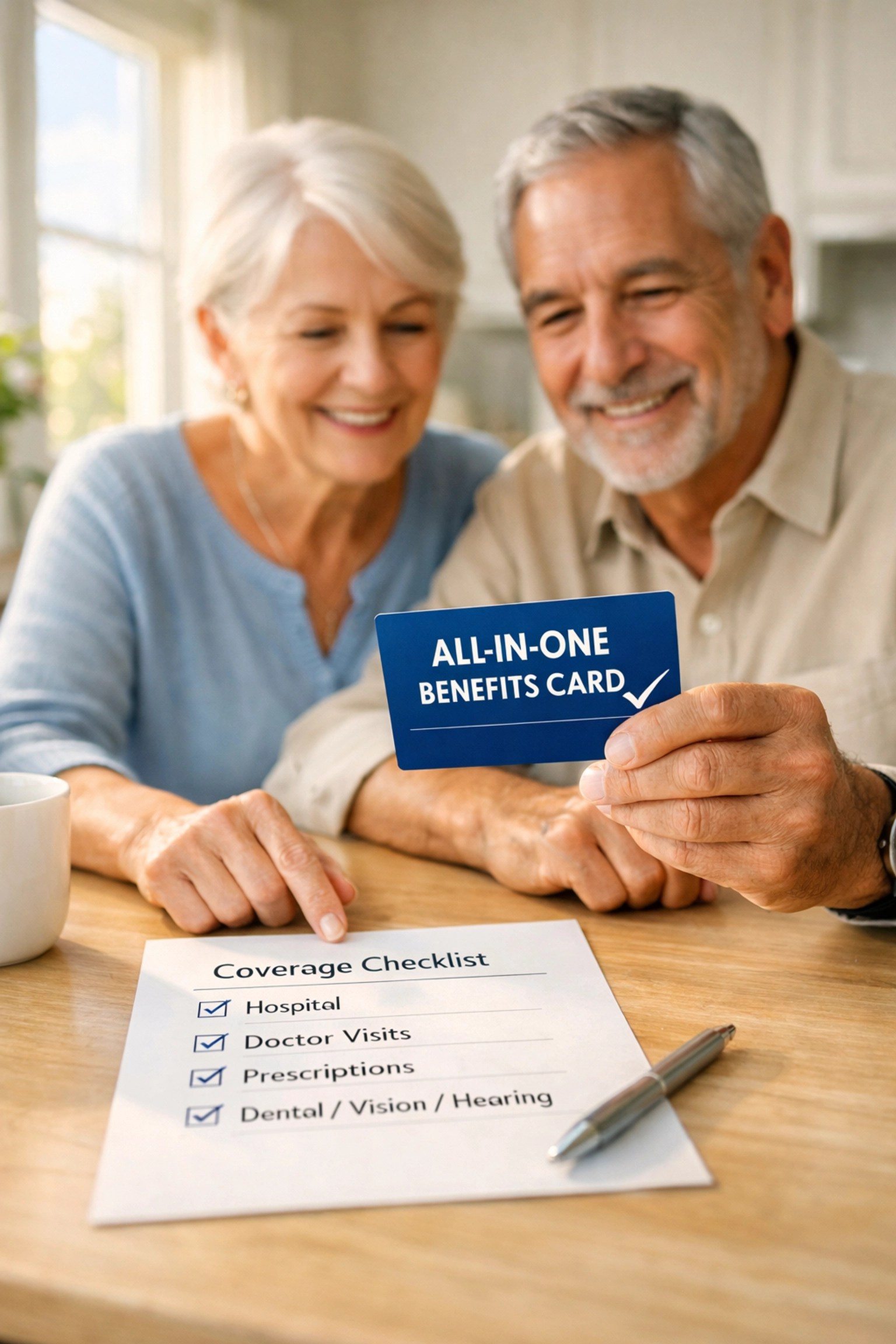 Senior couple reviewing Medicare Advantage 2026 all-in-one benefits card and healthcare checklist at home.