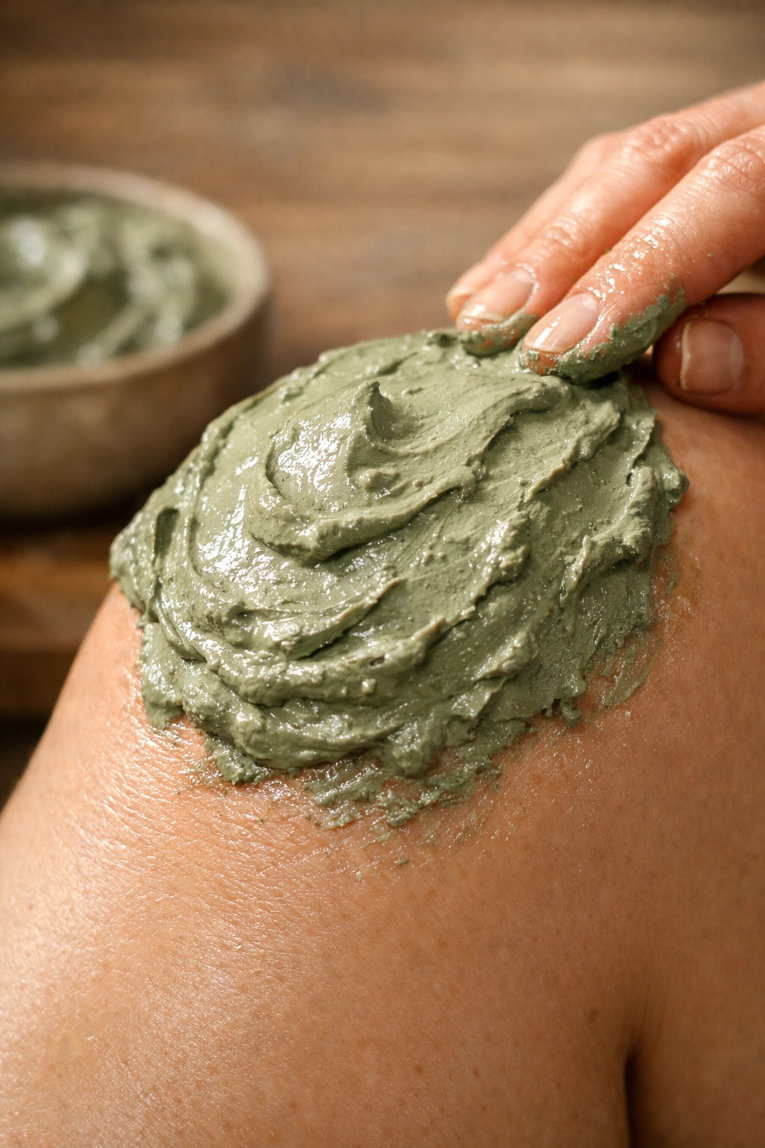 Green montmorillonite clay poultice applied to a knee for natural joint pain and inflammation relief.