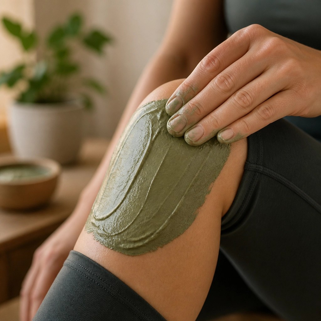 Applying green clay to a knee for recovery