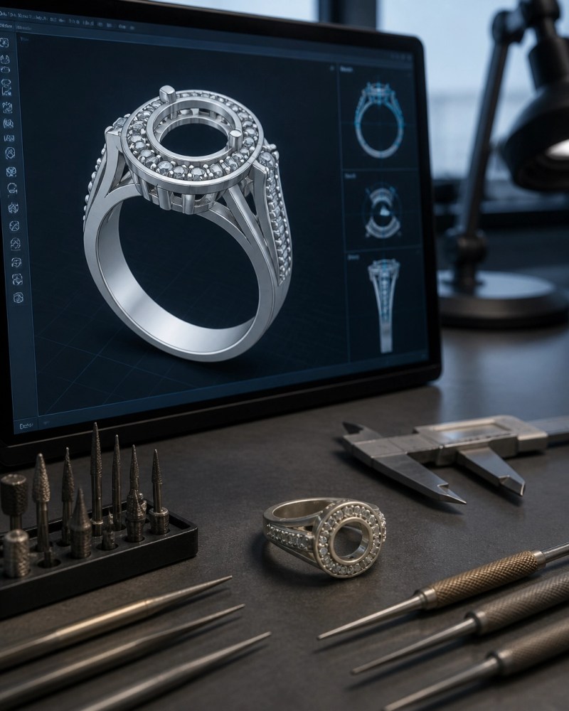 A technical CAD jewelry scene showing smooth fillets, practical walls, and accessible galleries