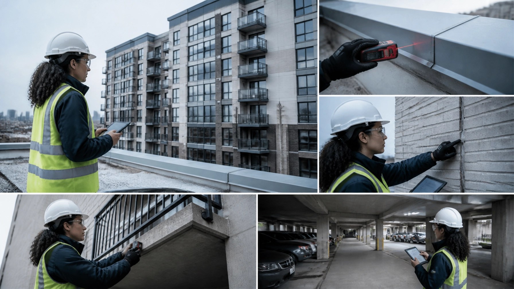 Licensed engineer inspecting a New Jersey condominium façade, balcony slab, roof edge, and parking deck during a reserve study site walk