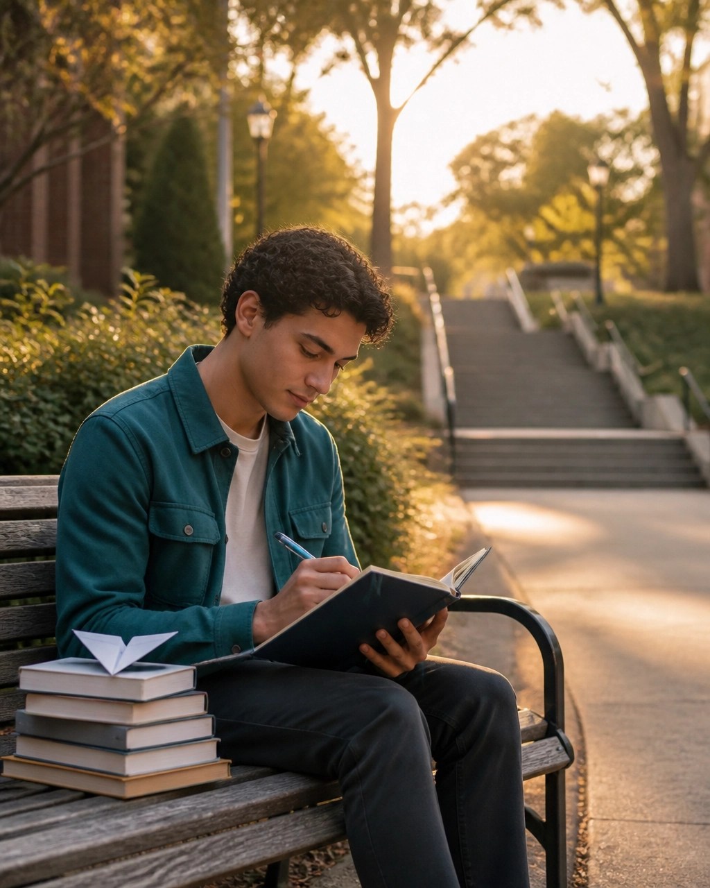 A diverse student reflecting in a journal beside books on a university pathway, with a bridge and bright sky in the background