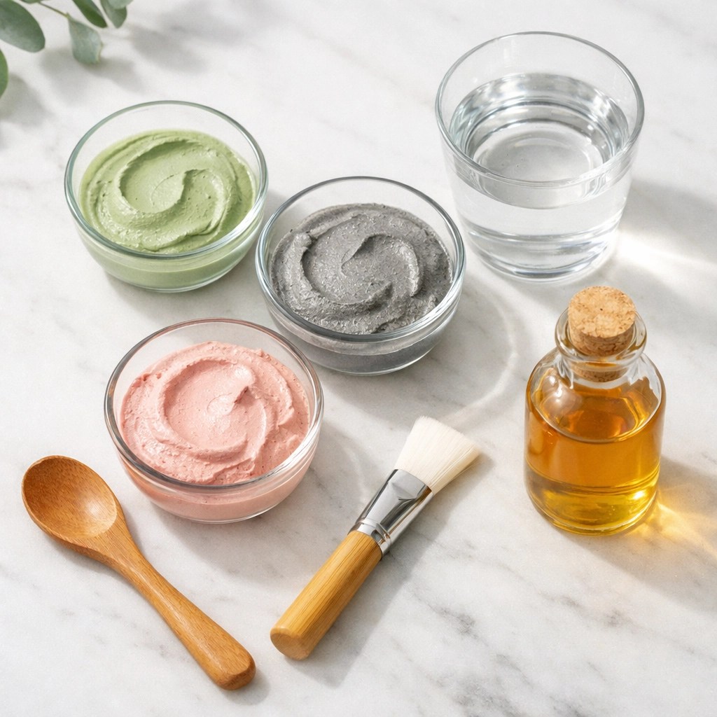 Different healing clay masks including French green clay and bentonite for acne treatment