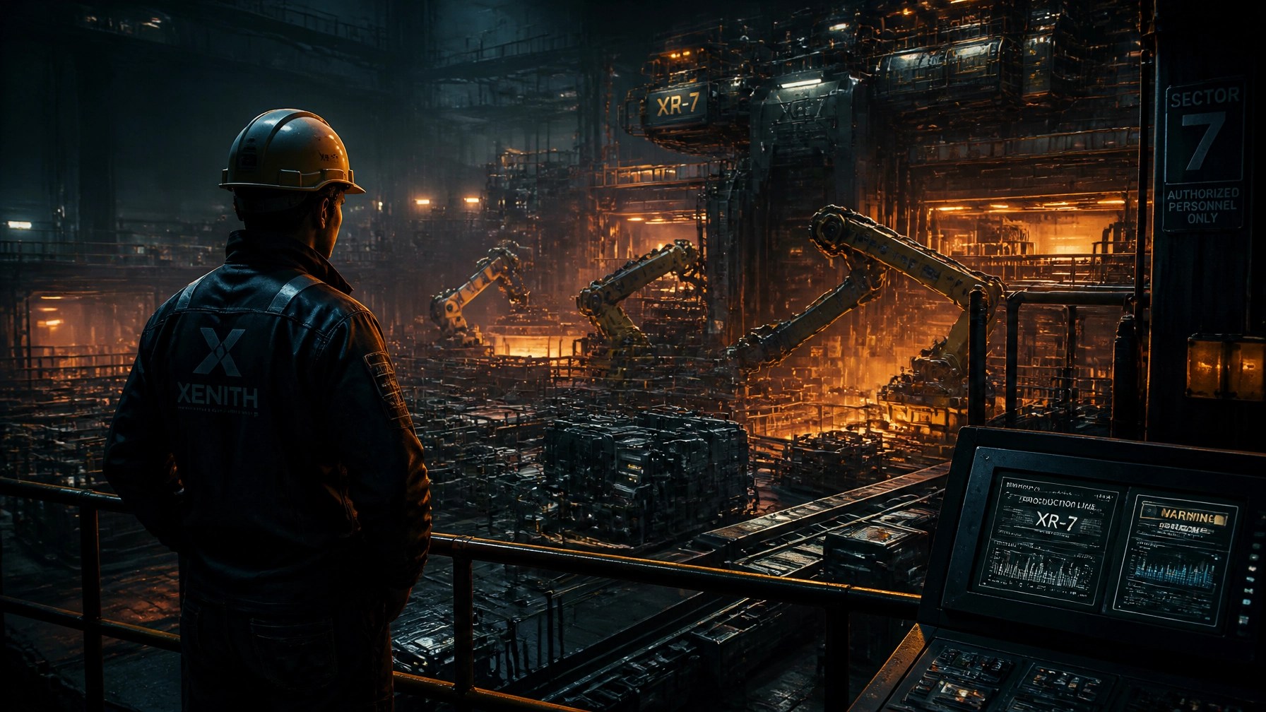 Cinematic view of a lone supervisor maintaining vigilance under amber safety lights