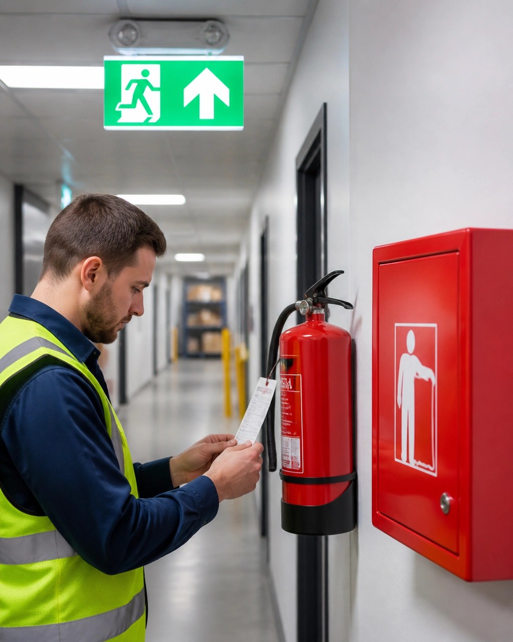 Emergency exit sign, fire extinguisher and fire blanket cabinet in a commercial workplace corridor