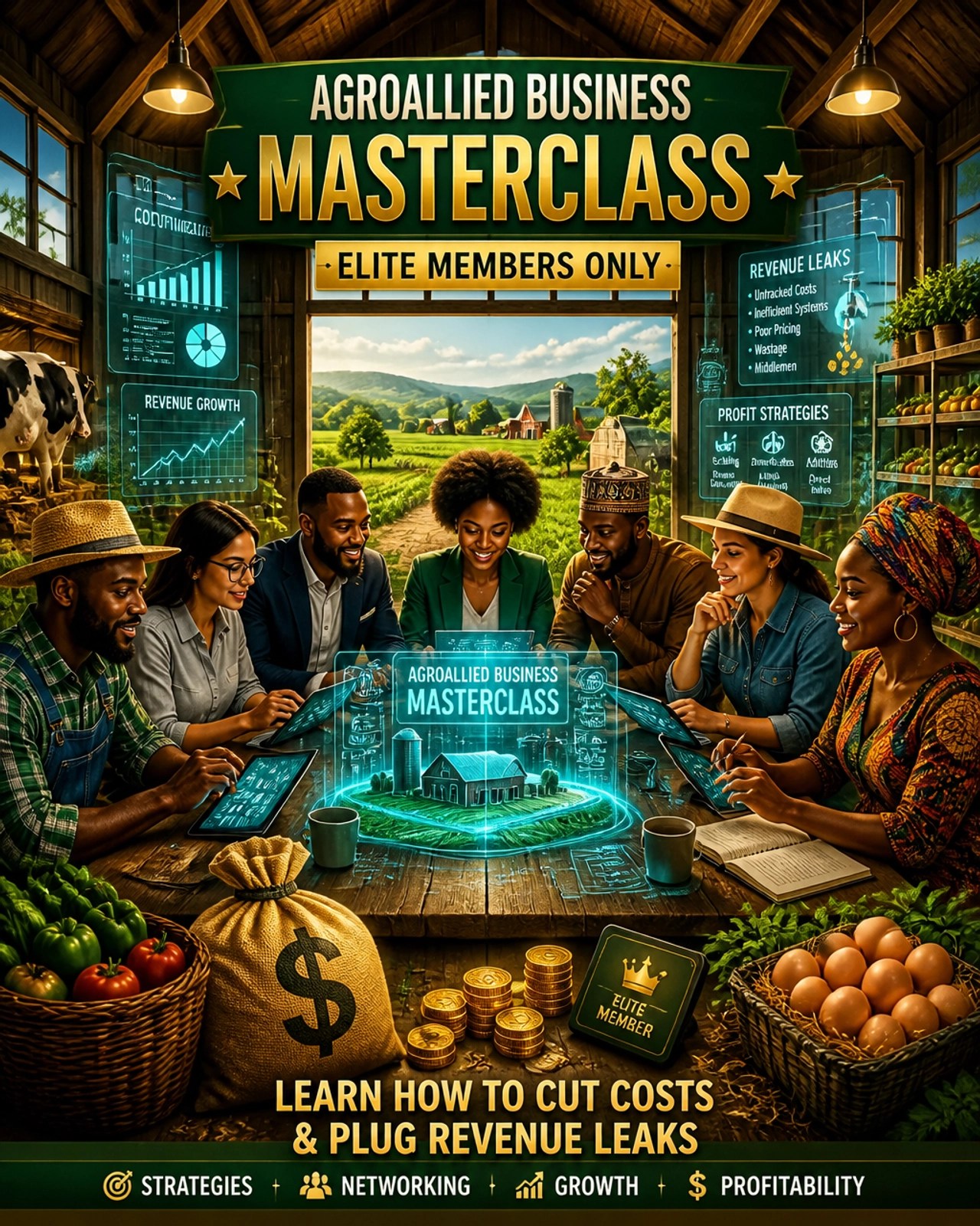 An elite group of business owners implementing AI strategies in a high-level mastermind setting.
