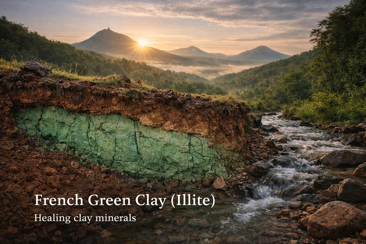 French green clay (illite) mineral source photo showing natural clay-rich earth tones used for healing clay skincare (Clayer context).