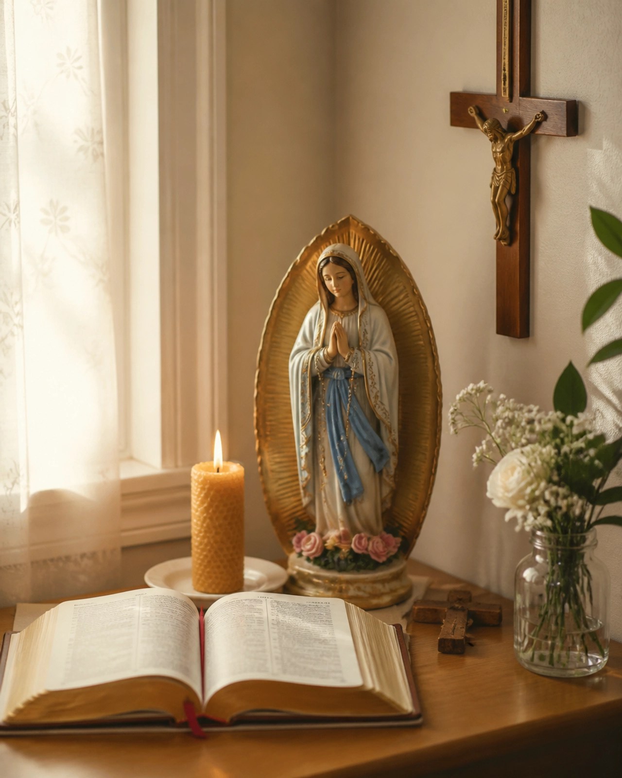 Pequeño altar doméstico con una imagen de la Virgen María y una vela encendida en un hogar cálido