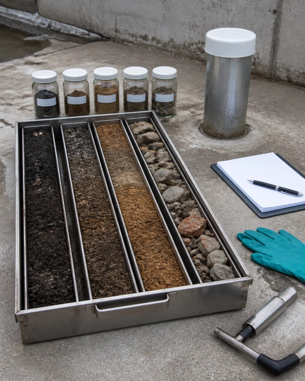 Urban soil core samples, groundwater monitoring well cap, and environmental sampling equipment in a field setting