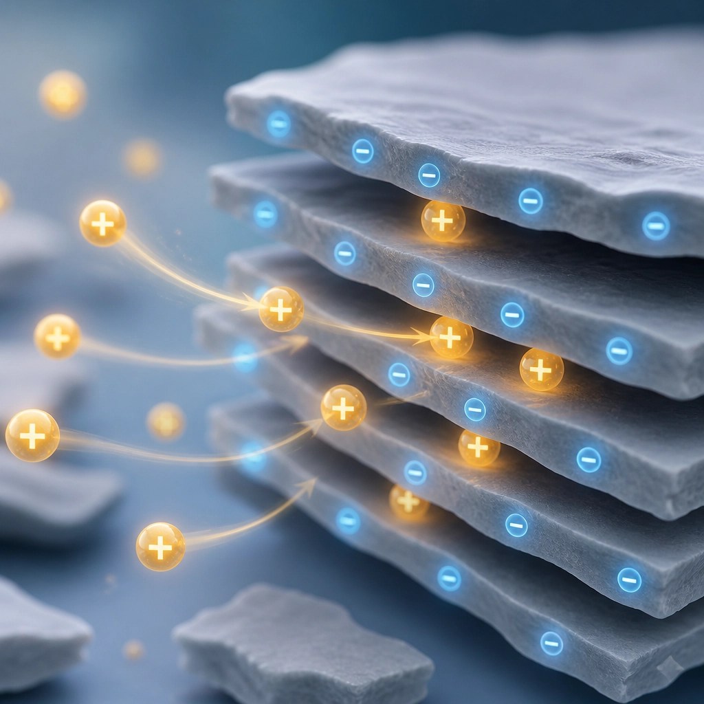 Scientific illustration of clay particles attracting toxins