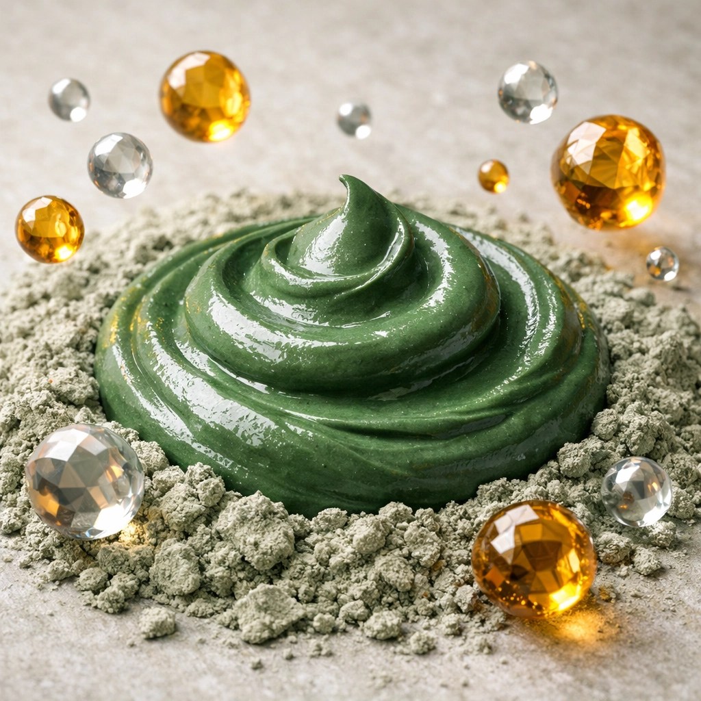 Texture of French green clay with visual representations of minerals for anti-aging and skin elasticity.