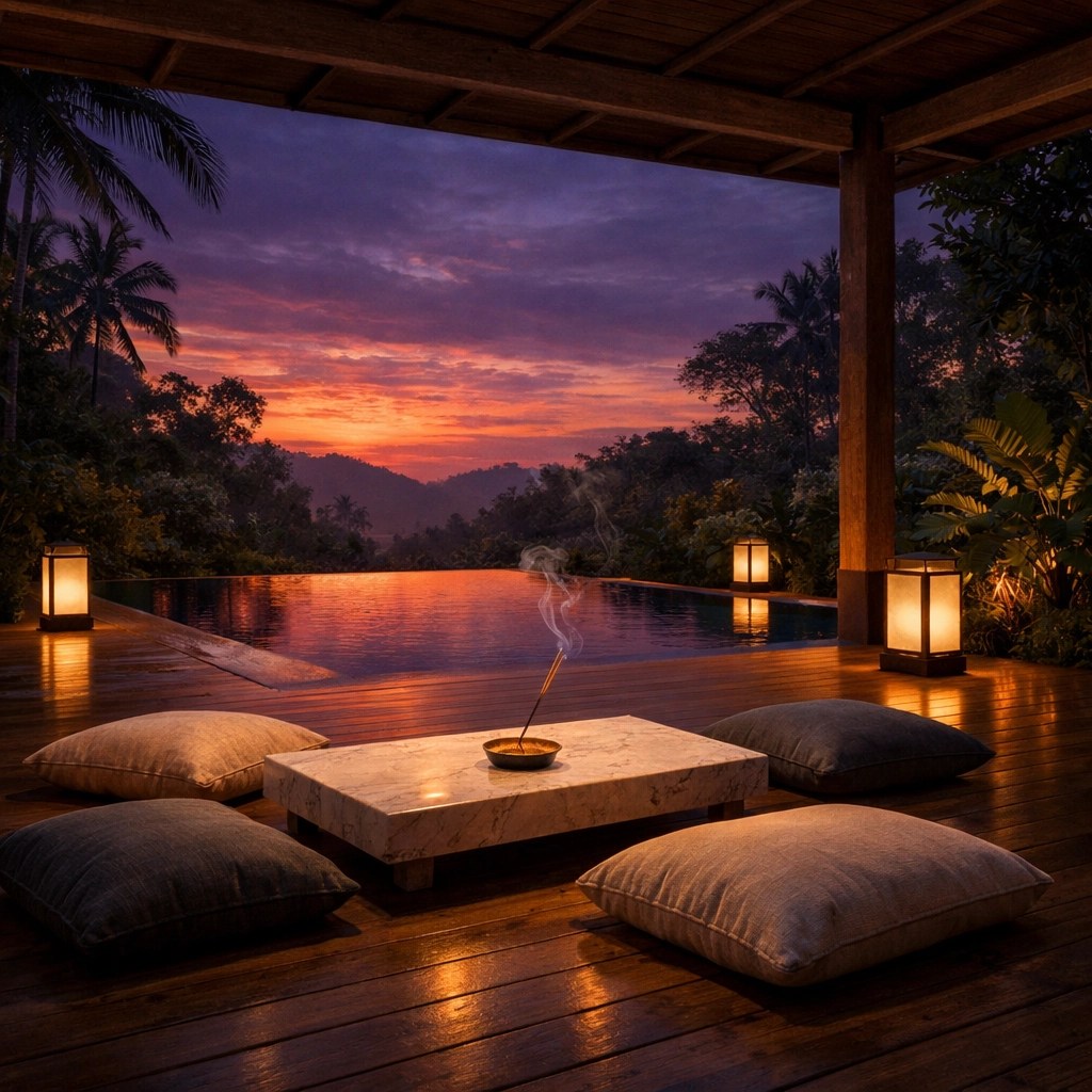 Peaceful tropical retreat at twilight with an infinity pool and lush jungle view, representing serenity and calm.