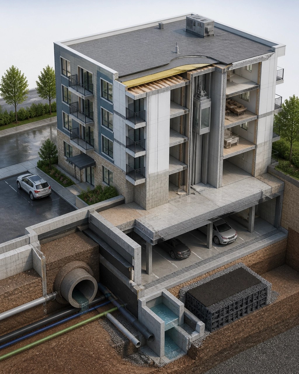 Isometric engineering visualization of a multi-building condo capital asset inventory