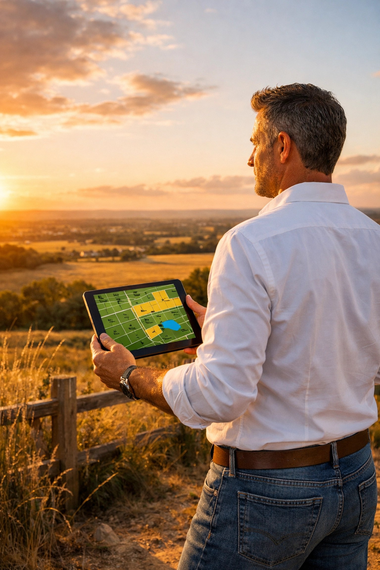 Real estate investor using a digital map to evaluate rural land for banking.