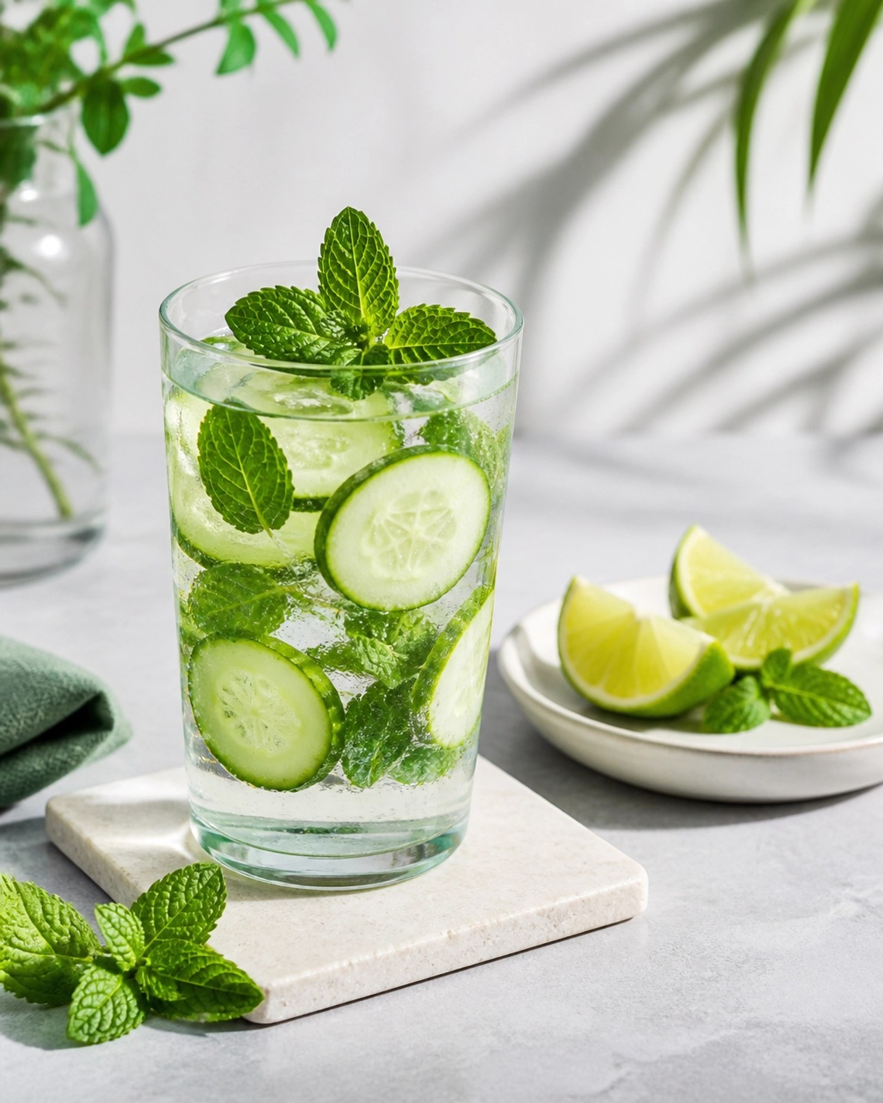 A refreshing glass of cucumber and mint water, symbolizing the cooling and soothing properties required to balance the fiery intensity of Pitta.