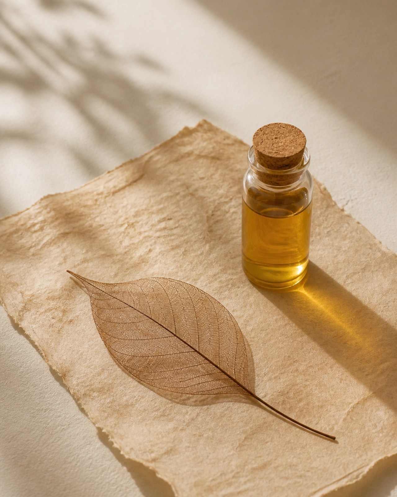 A minimalist photograph featuring thin parchment, a dried leaf, and a vial of golden sesame oil, symbolizing the light and airy qualities of Vata.