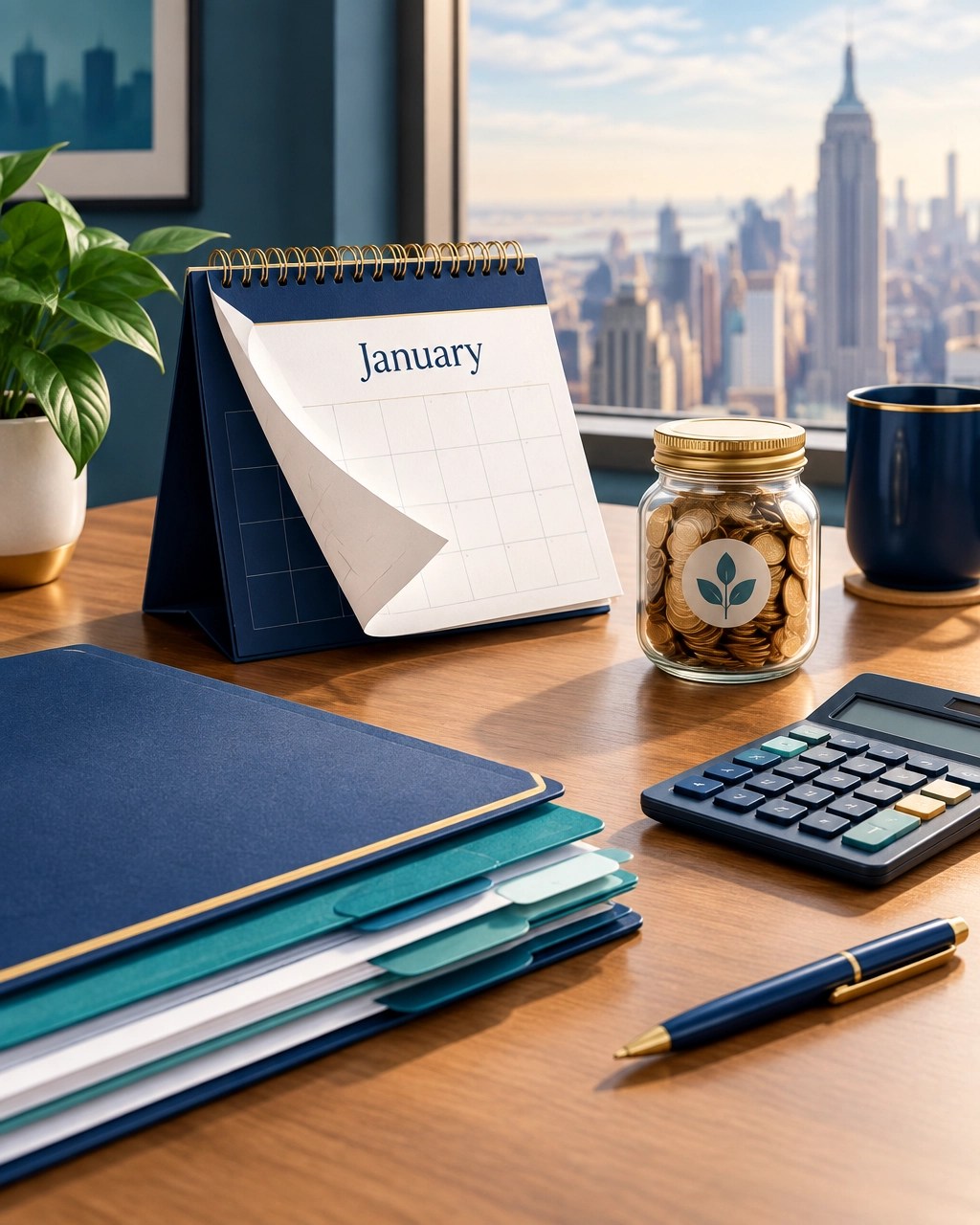 Year-end New York small-business planning desk with a January 2027 calendar, health plan documents, calculator, and HSA savings symbol
