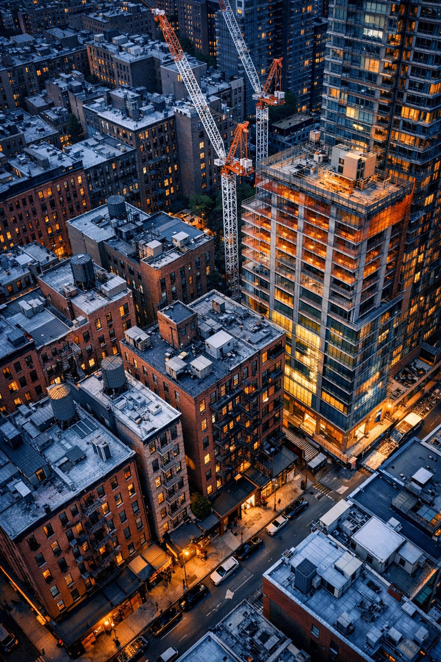 Aerial view of Manhattan showing older buildings adjacent to new high-rise construction for air rights transfer