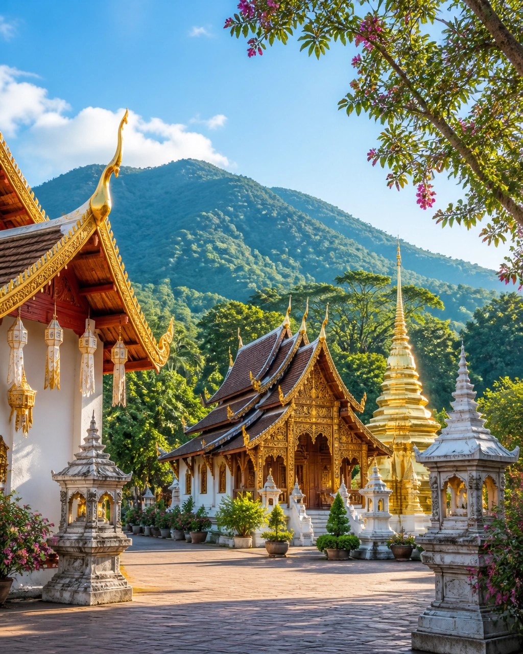 Tranquil Chiang Mai temple courtyard with Lanna architecture, flowering trees and green mountains
