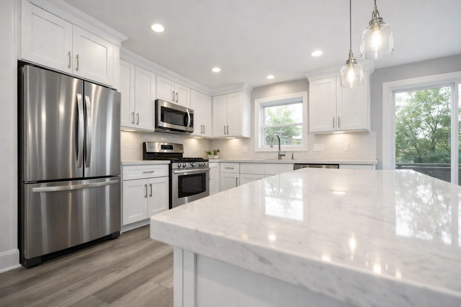 Modern renovated kitchen in a Montgomery County house, ideal for investment or relocating professionals.