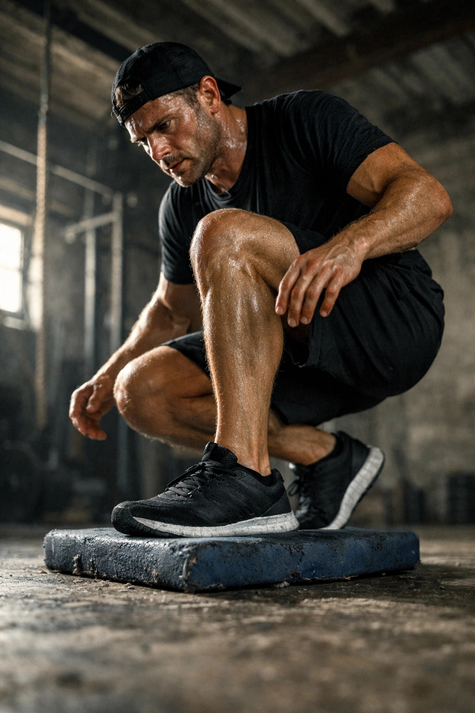 Athlete performing a single-leg balance exercise on a foam pad for ankle sprain rehabilitation and stability.