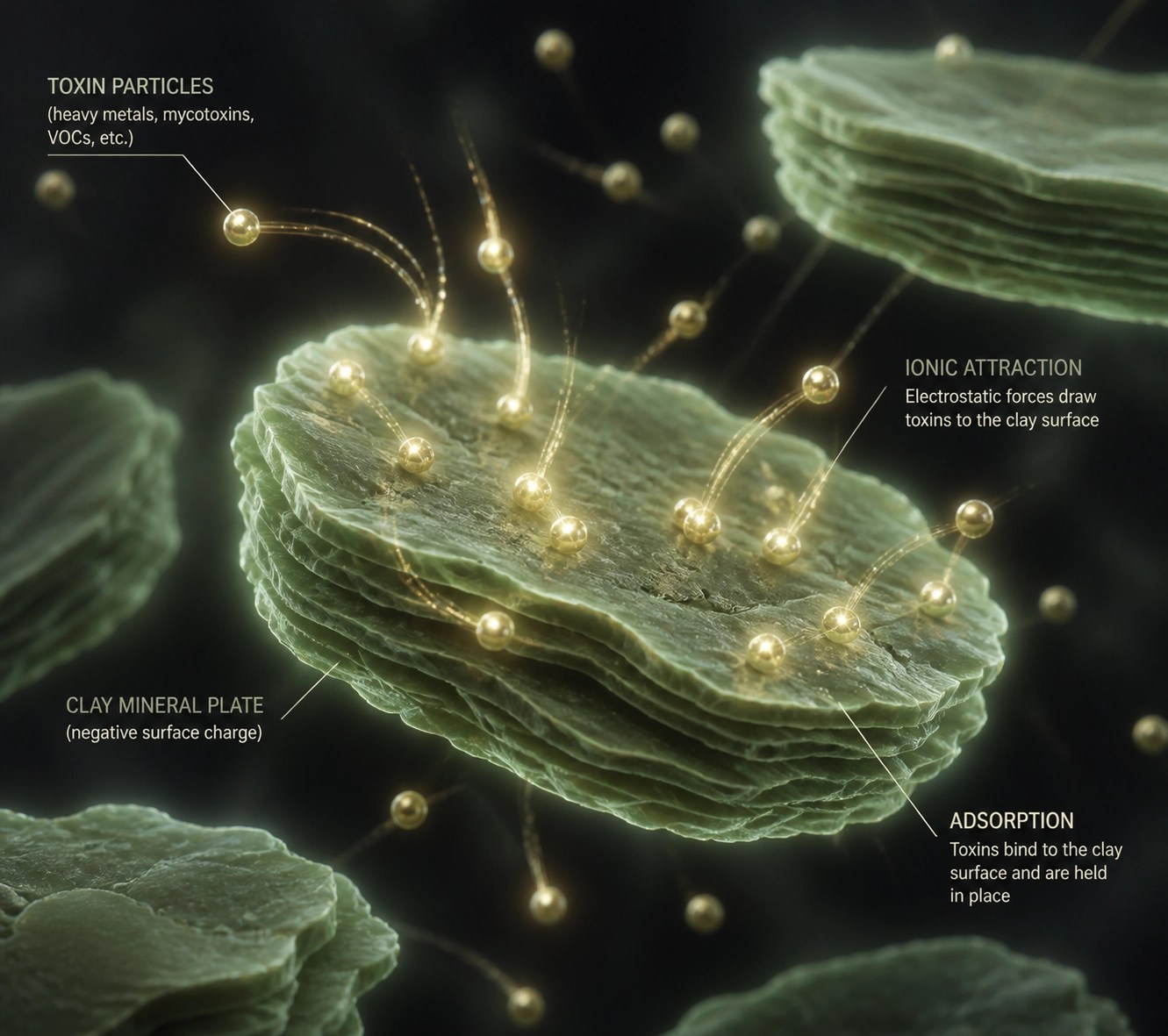 Microscopic view of green clay particles attracting and binding metabolic toxins through detox science.